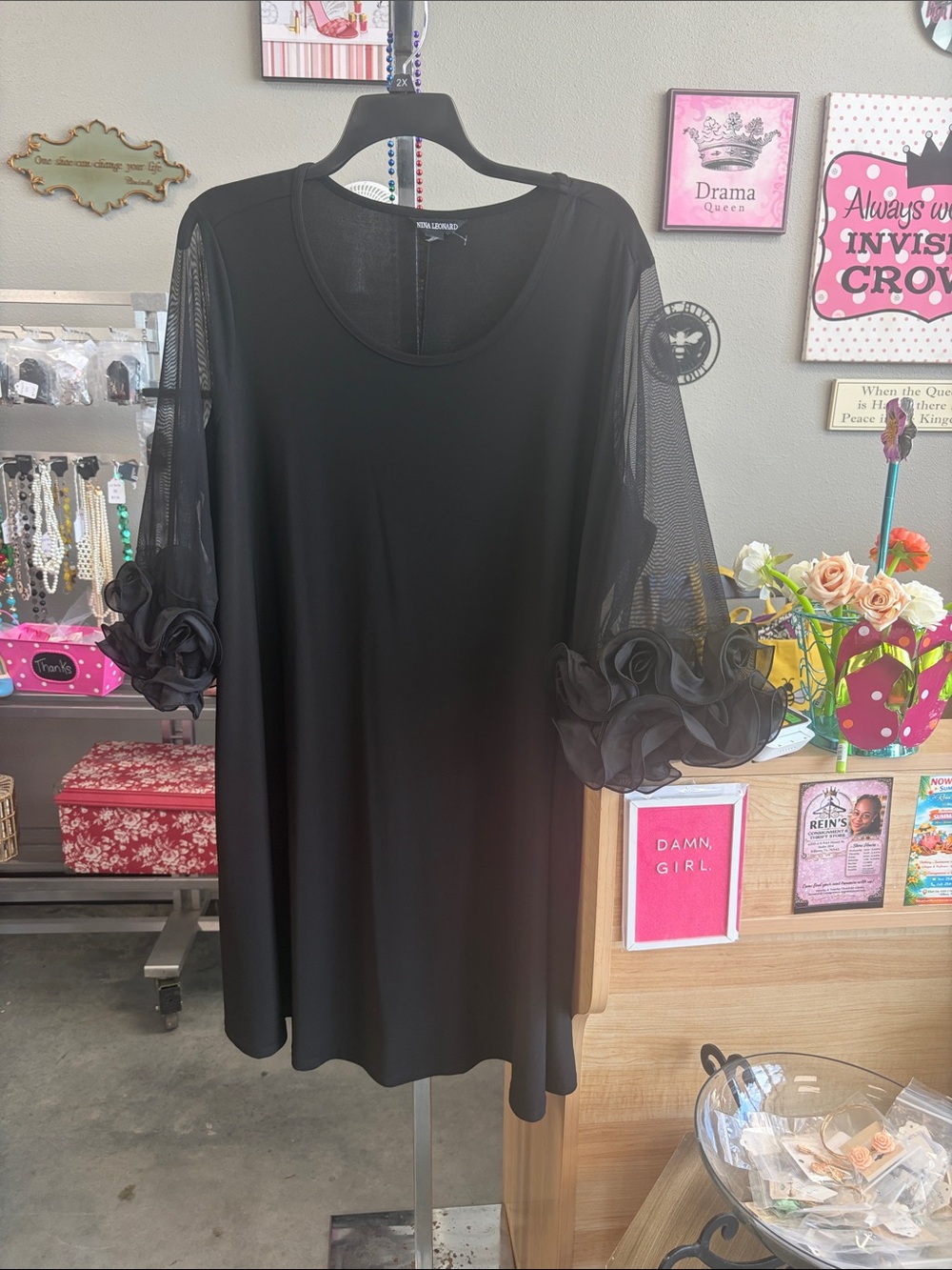 Nina Leonard Black Sheer Sleeve Ruffle-Accent Dress